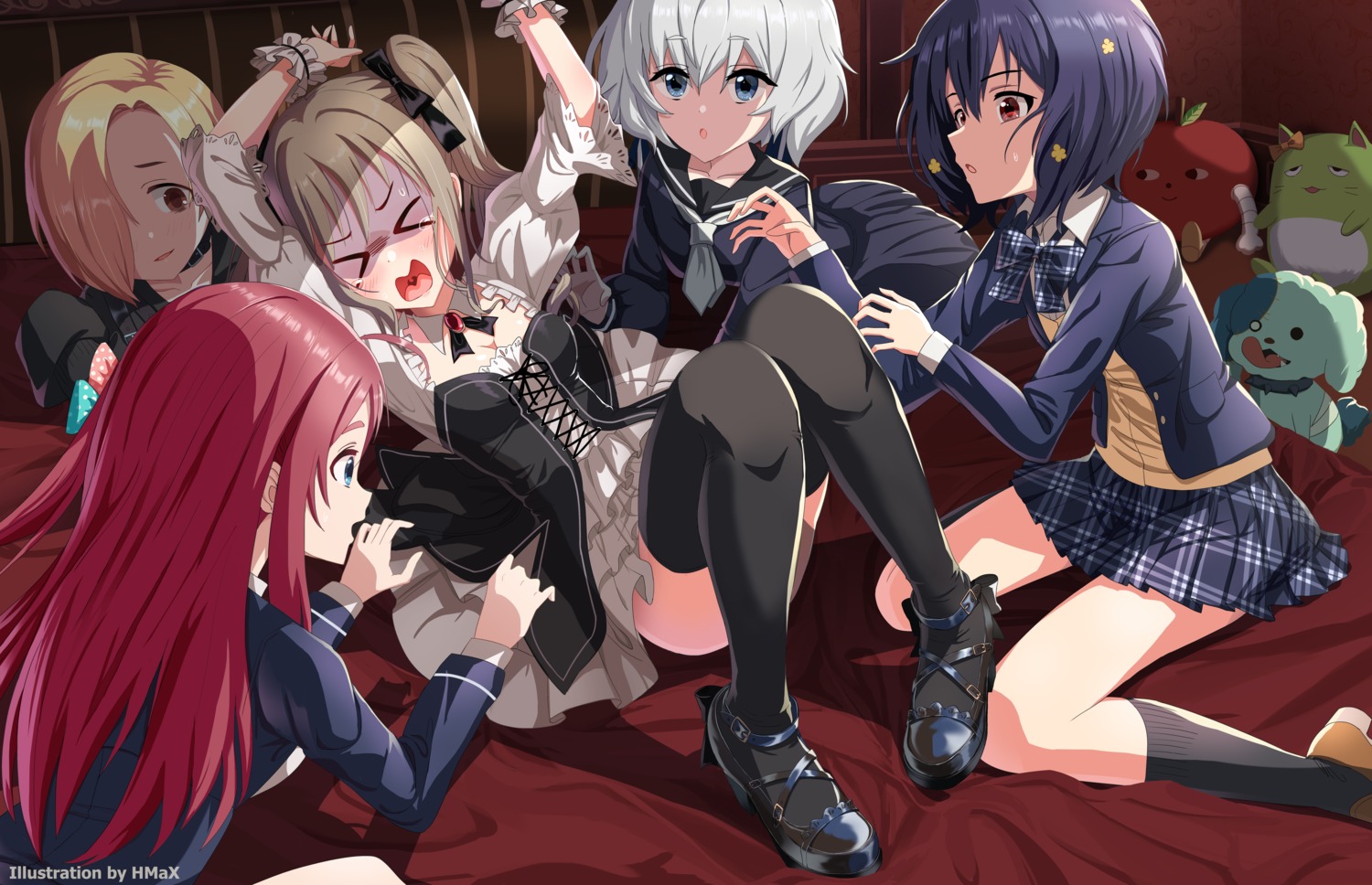 crossover, heels, hmax, kanzaki_ranko, konno_junko, lolita_fashion, minamoto_sakura, mizuno_ai, seifuku, shirasaka_koume, skirt_lift, sweater, the_idolm@ster, the_idolm@ster_cinderella_girls, thighhighs, zombieland_saga