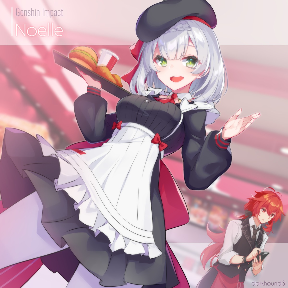 darkhound3, diluc, genshin_impact, kentucky_fried_chicken, noelle_(genshin_impact), pantyhose, skirt_lift, waitress