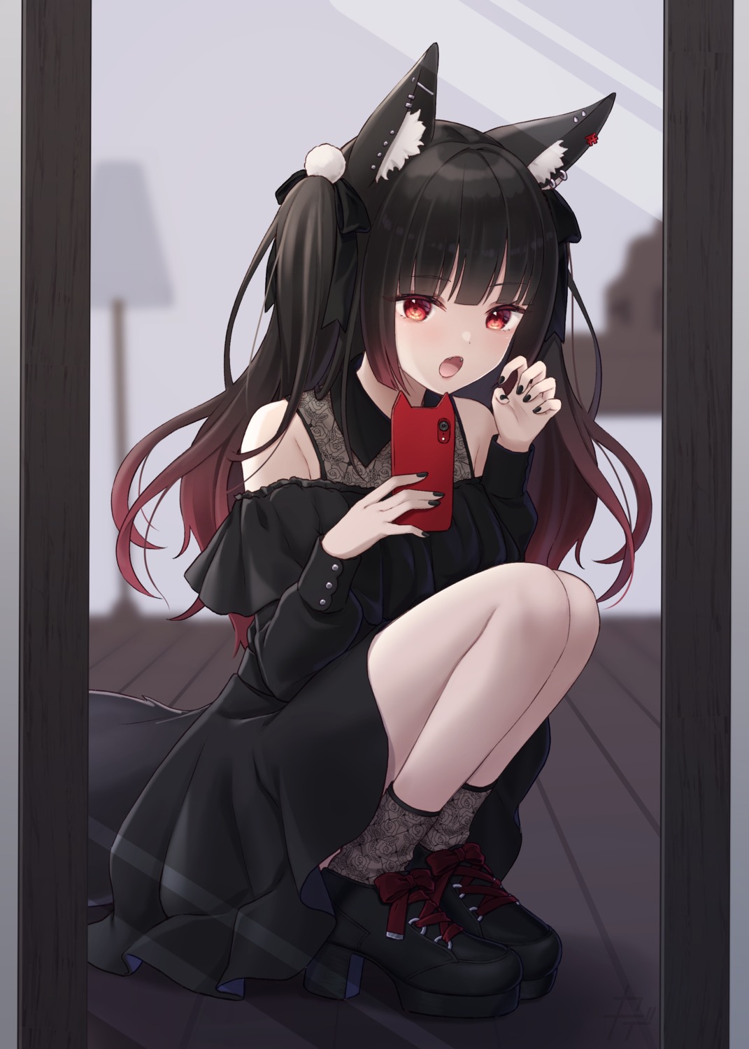 animal_ears, dress, gothic_lolita, heels, kuroneko13x, lolita_fashion, nekomimi, selfie, skirt_lift, tail