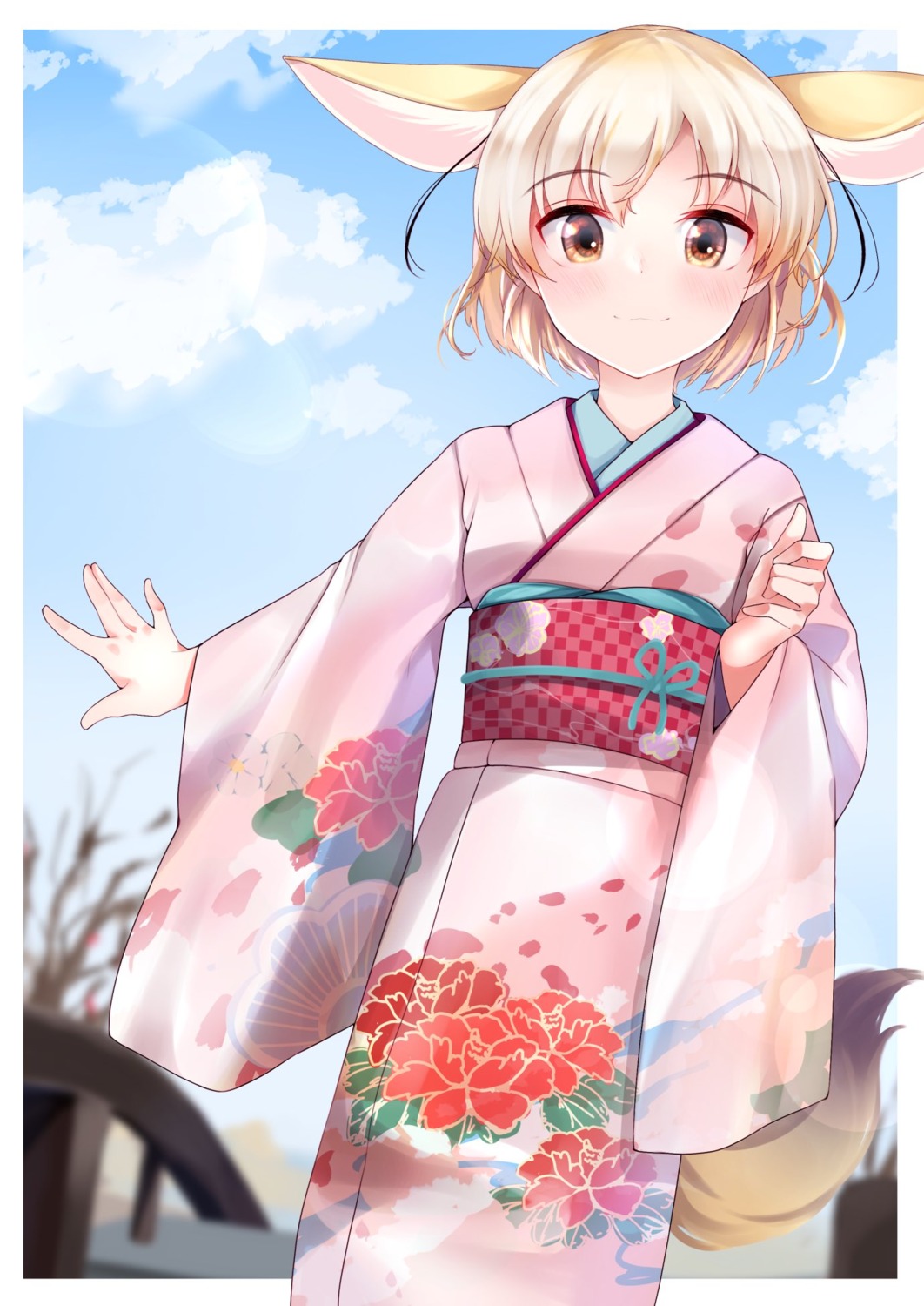 animal_ears, fennec_(kemono_friends), kemono_friends, kimono, kinou_no_shika, kitsune, tail