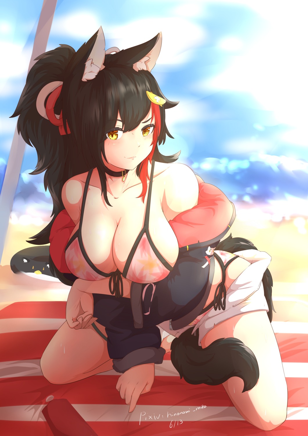 animal_ears, bikini, breast_hold, hinanawi_mika, hololive, hololive_gamers, ookami_mio, open_shirt