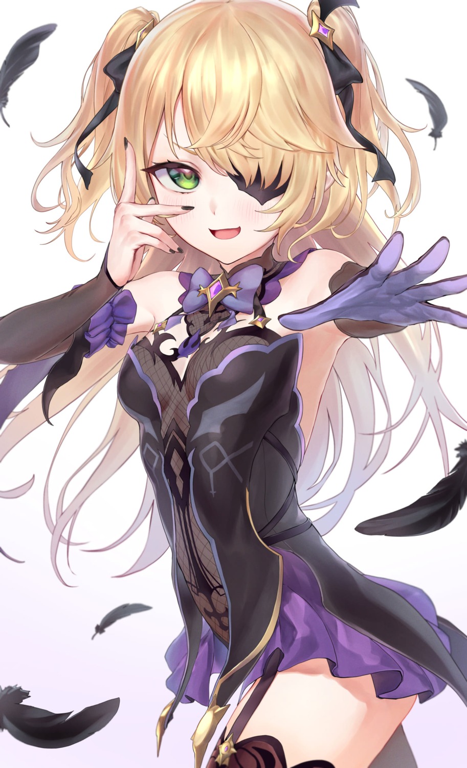 cleavage, eyepatch, fischl, fishnets, genshin_impact, monegi, stockings, thighhighs