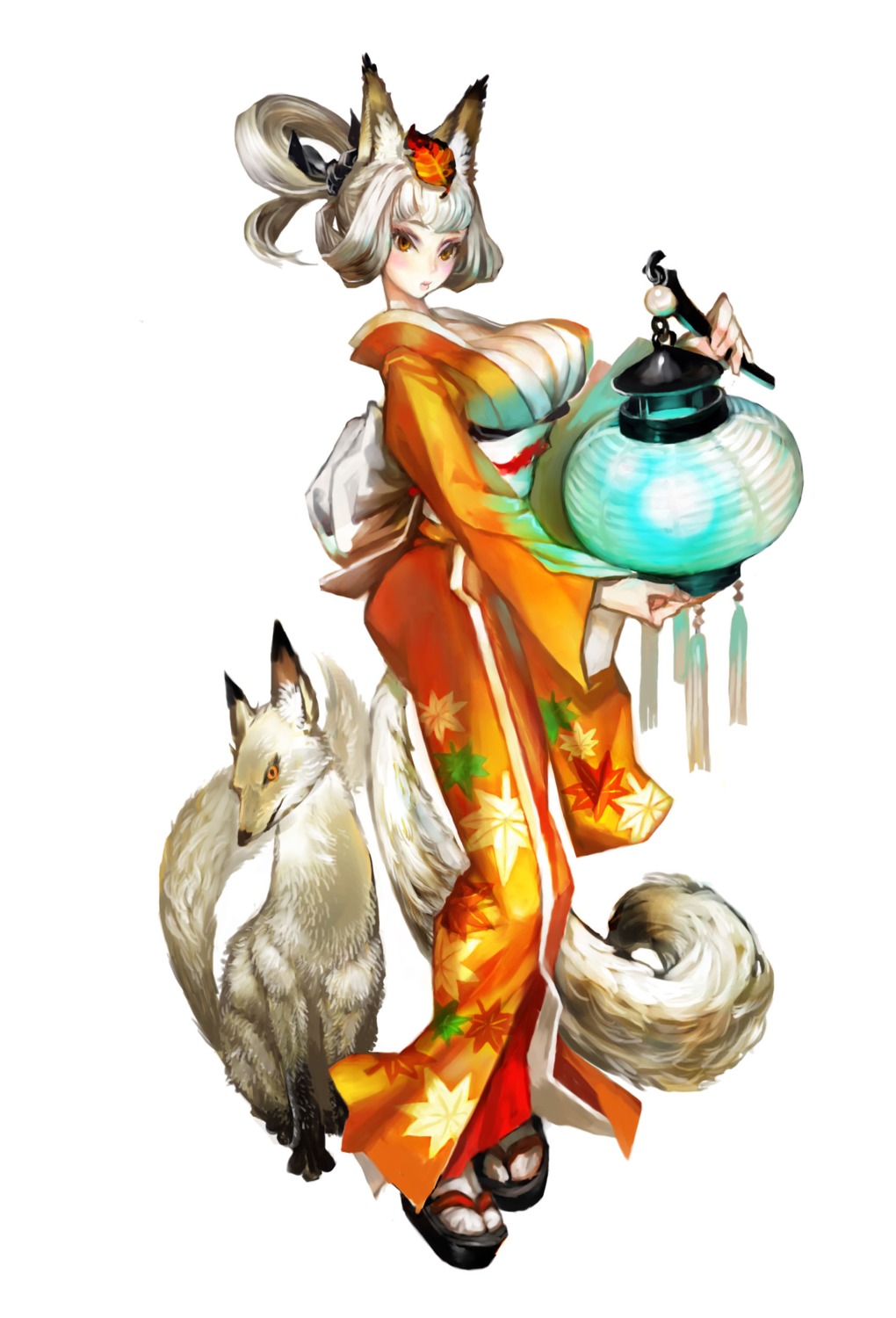 animal_ears, cleavage, george_kamitani, kimono, kitsune, kongiku, oboro_muramasa