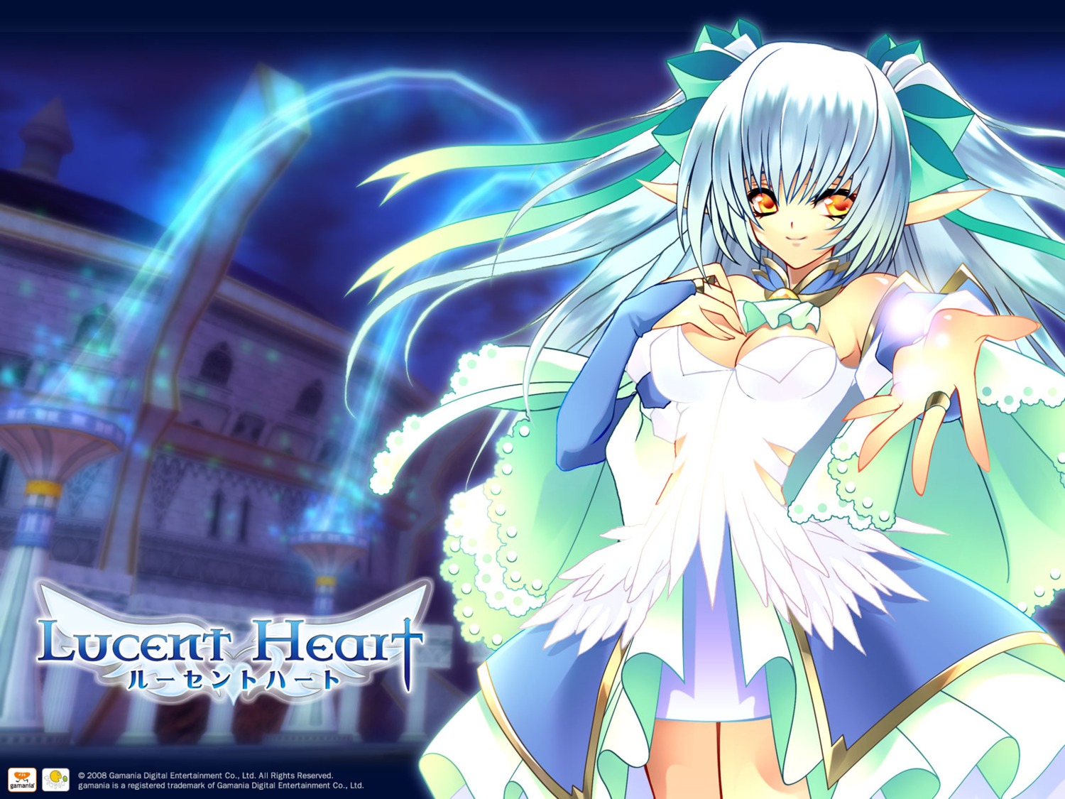 cleavage, dress, elf, gamania, lucent_heart, pointy_ears, rangetsu, theia