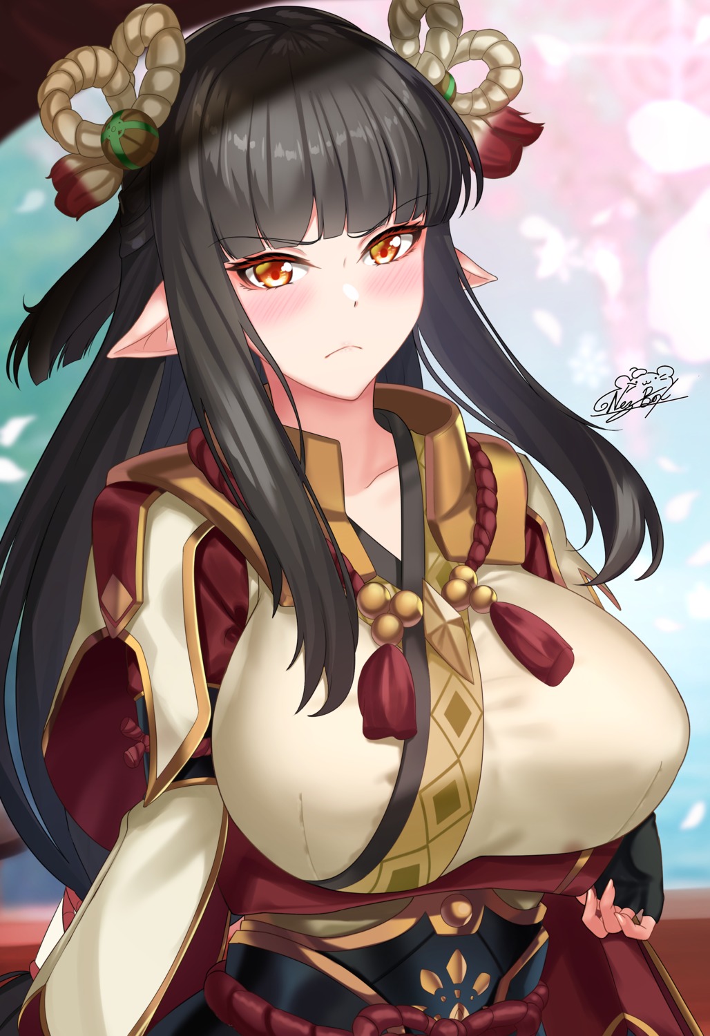 breast_hold, hinoa, japanese_clothes, monster_hunter, monster_hunter_rise, nez-box, pointy_ears