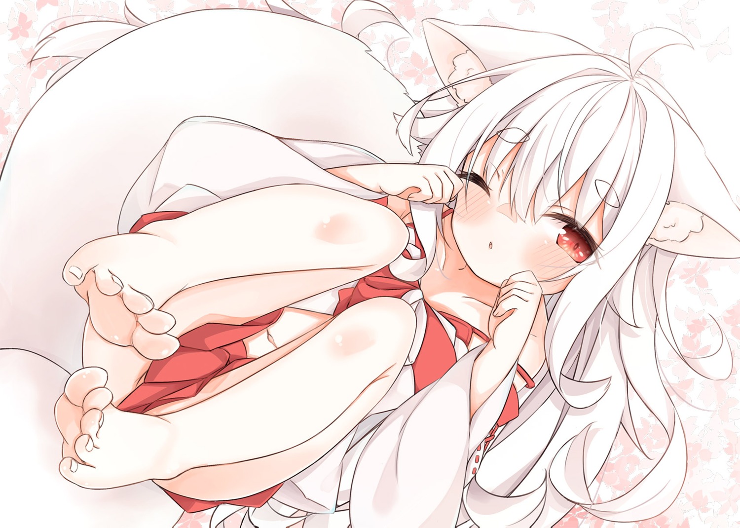 animal_ears, feet, kitsune, miko, minato_yu0, skirt_lift, tail