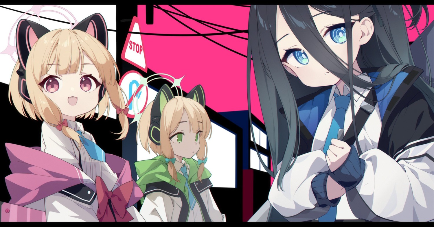 animal_ears, blue_archive, fukurou_(hvgd5584), headphones, nekomimi, saiba_midori, saiba_momoi, seifuku