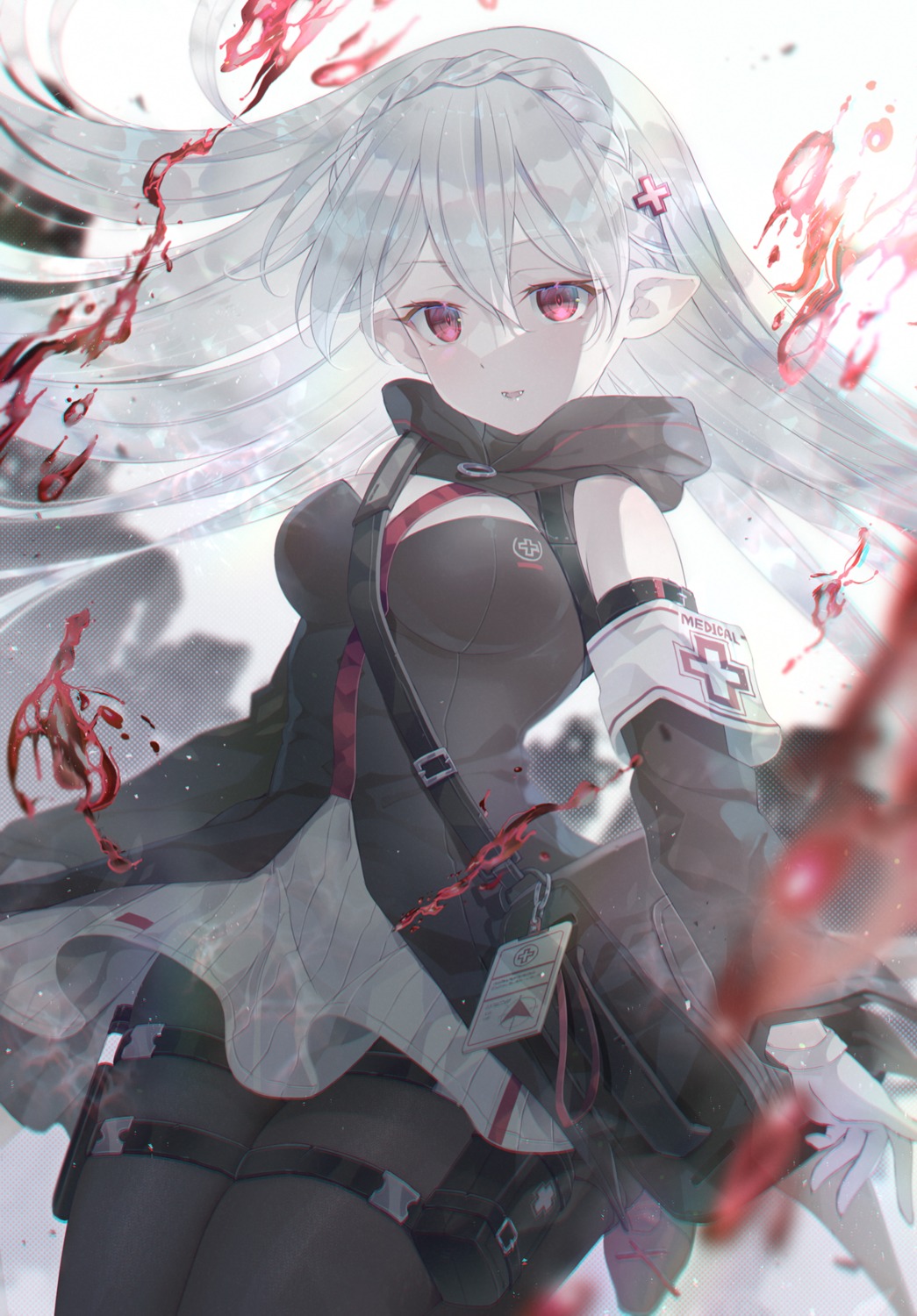 arknights, blood, cleavage, garter, pantyhose, pointy_ears, skirt_lift, soukuu_kizuna, warfarin_(arknights)