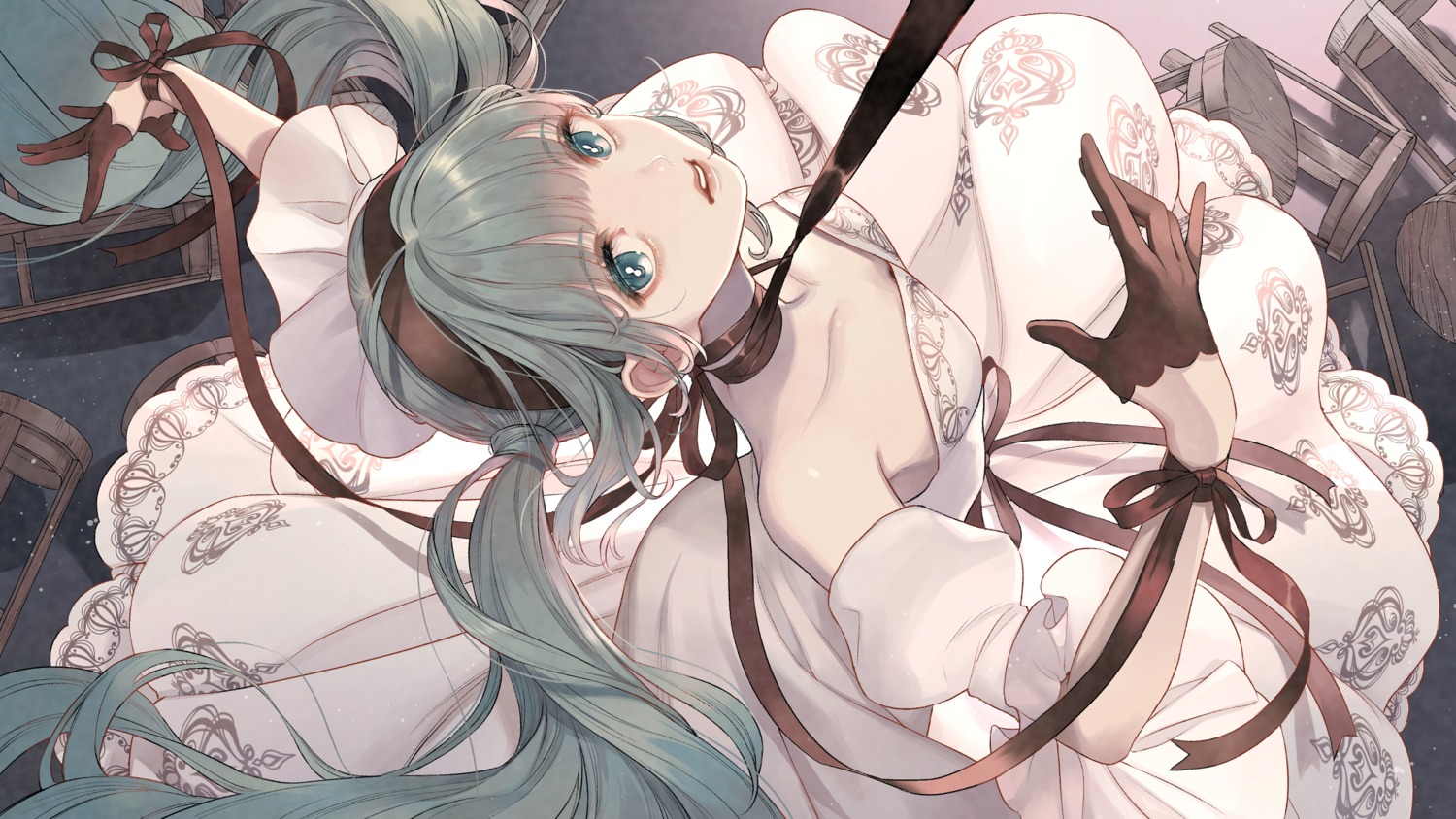 cherico_(artist), dress, hatsune_miku, no_bra, skirt_lift, vocaloid
