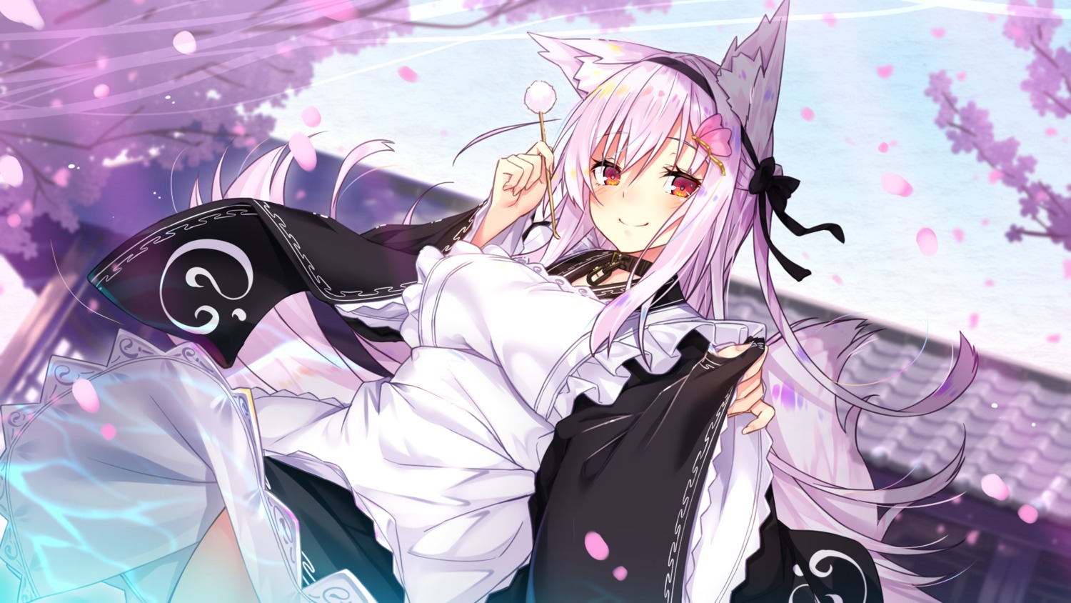 animal_ears, kitsune, maid, rozea, skirt_lift, tail, wa_maid, wallpaper