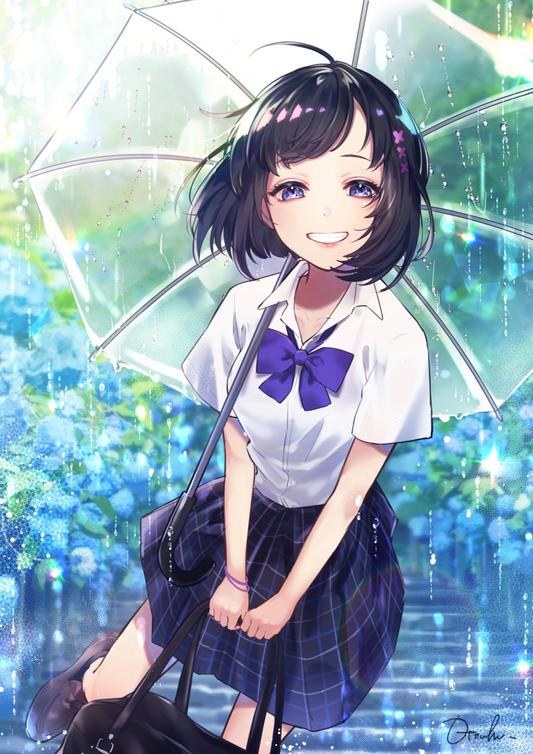 otoufu_(gotouhu), seifuku, umbrella, wet