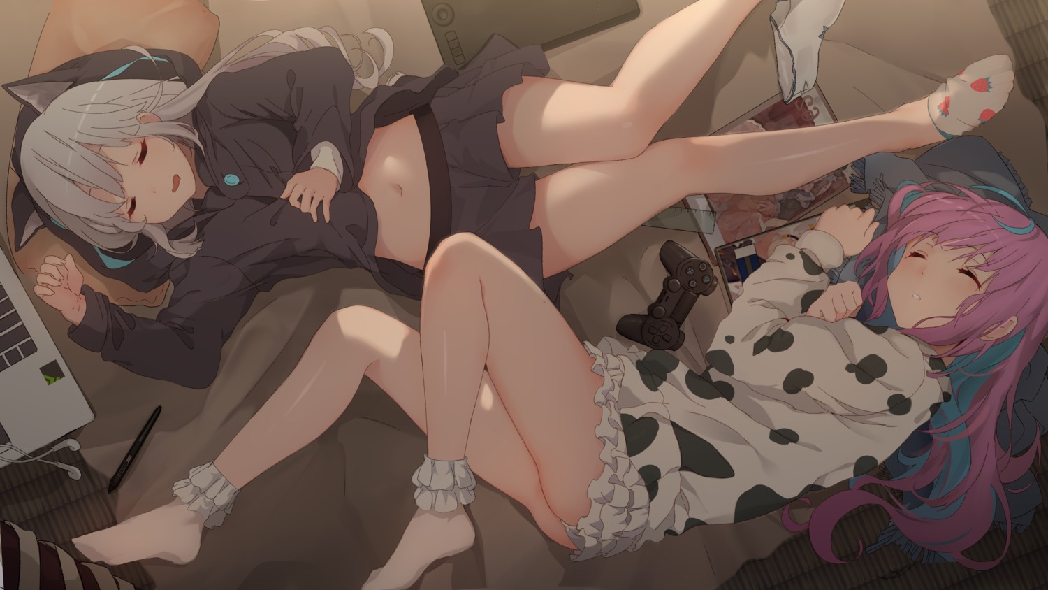 ass, crossover, hemyi, hololive, kagura_mea, kagura_mea_channel, minato_aqua, pajama, pantsu, thong, wallpaper