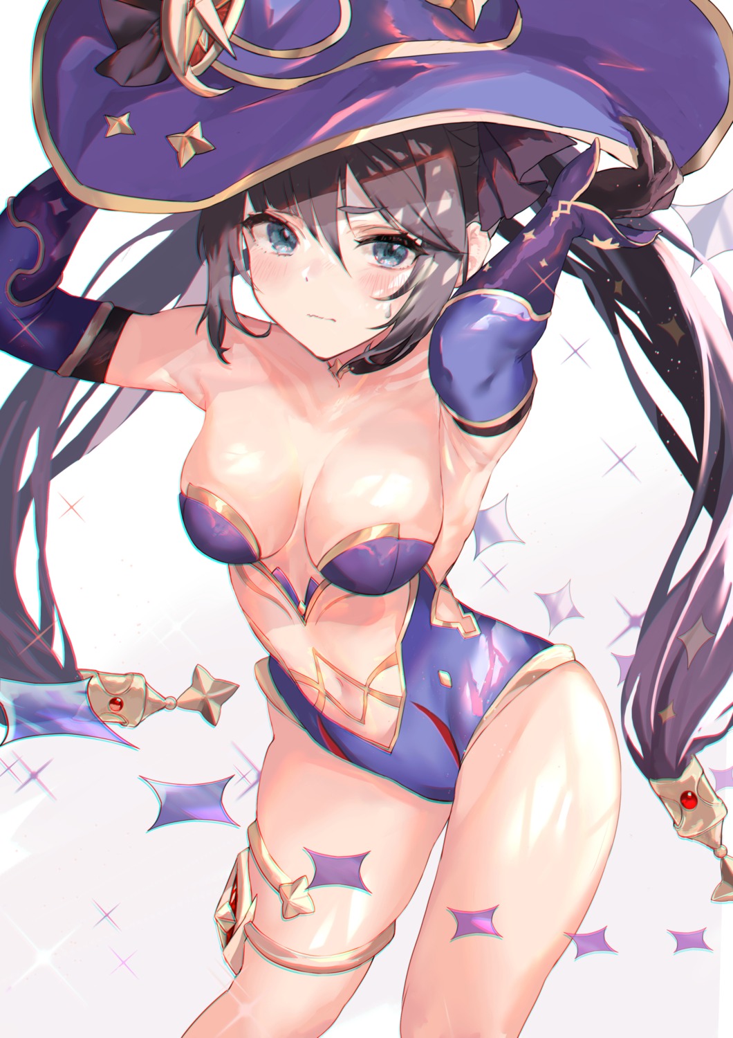 garter, genshin_impact, leotard, mona_megistus, no_bra, temir, witch