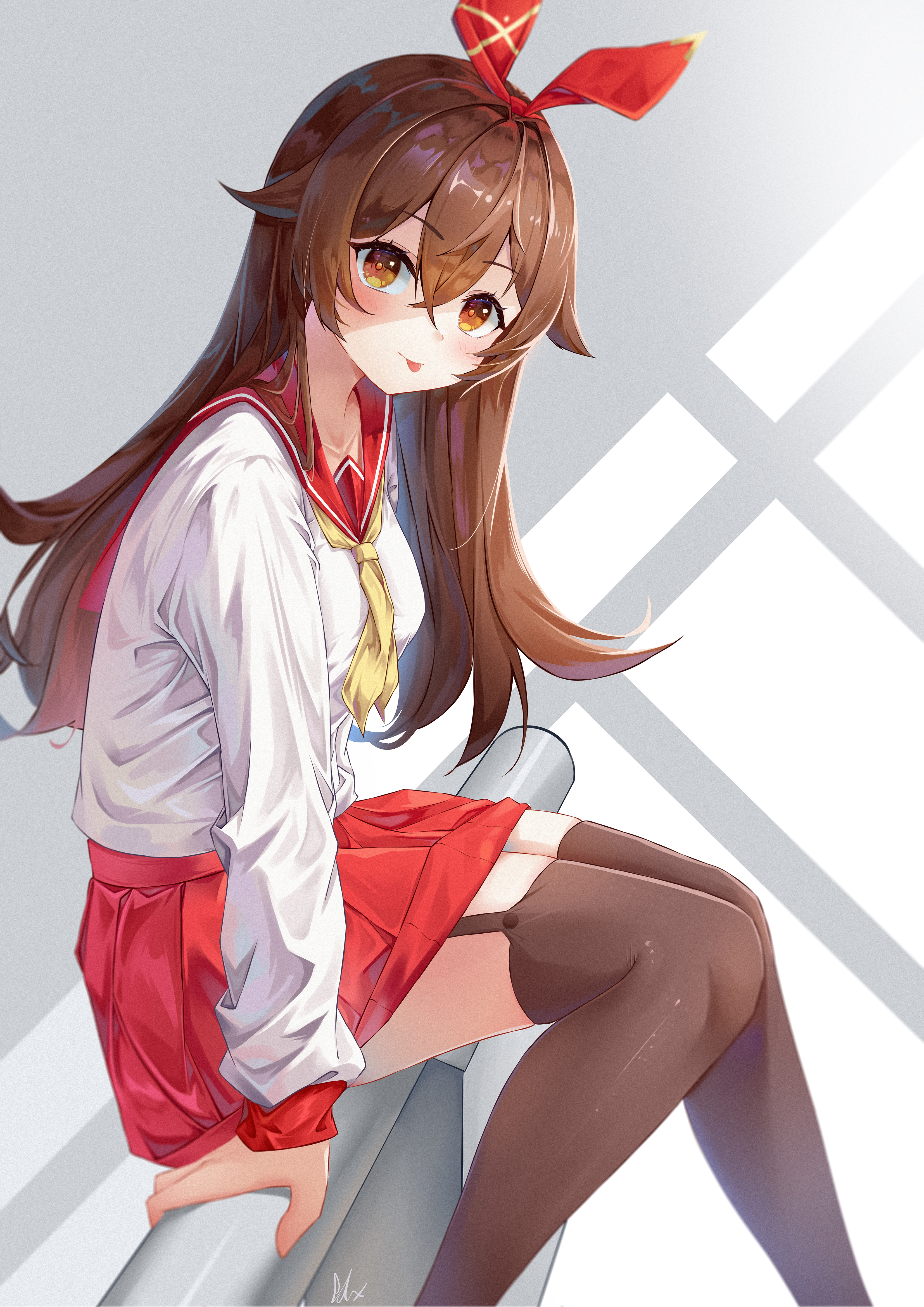 amber_(genshin_impact), genshin_impact, pai_daxing, seifuku, skirt_lift, stockings, thighhighs