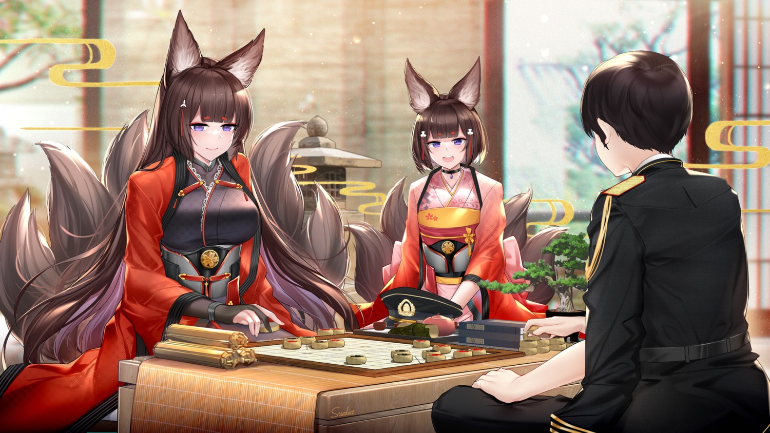 admiral_(azur_lane), amagi_(azur_lane), animal_ears, azur_lane, japanese_clothes, kitsune, tagme, tail, uniform, wallpaper
