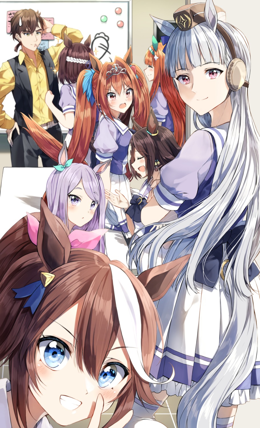 animal_ears, daiwa_scarlet_(umamusume), gold_ship_(umamusume), mejiro_mcqueen_(umamusume), pentagon, seifuku, silence_suzuka_(umamusume), special_week_(umamusume)