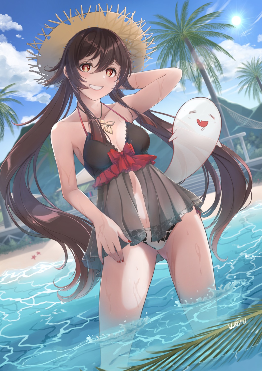 bikini, cleavage, genshin_impact, hu_tao, see_through, swimsuits, tank_ryousaku, wet