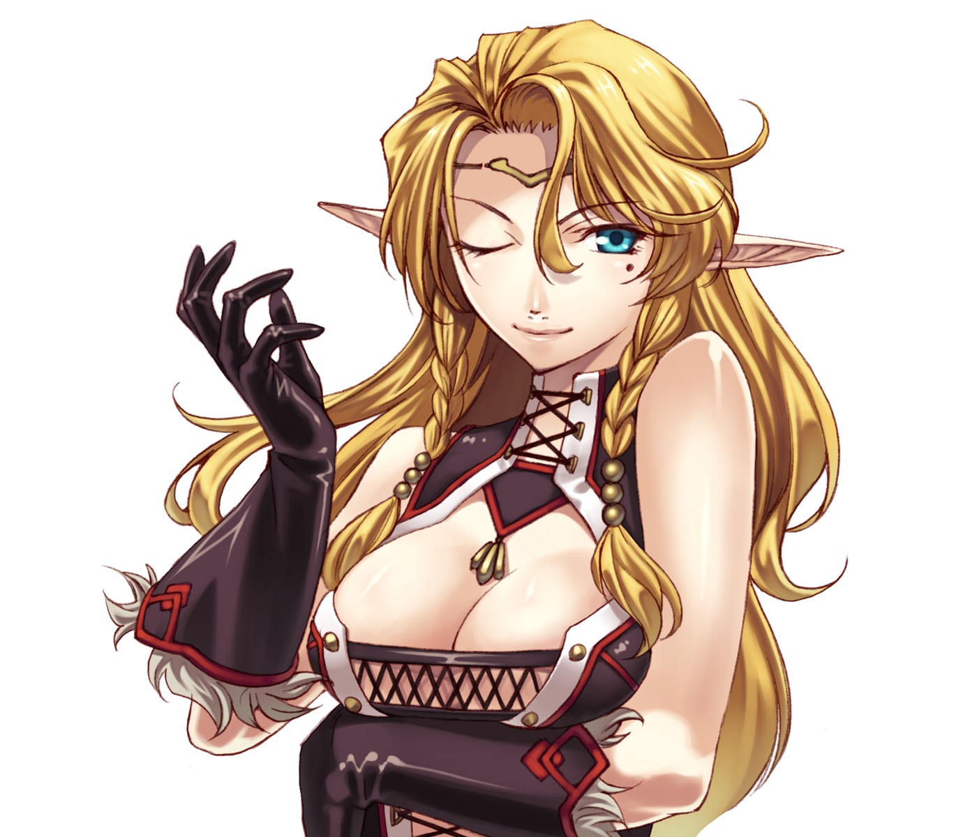 blazing_souls, breast_hold, cleavage, elf, fairuza, fishnets, hirano_katsuyuki, pointy_ears