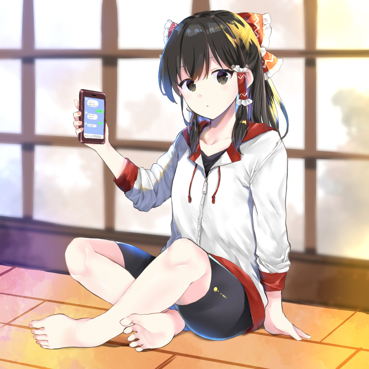 bike_shorts, feet, hakurei_reimu, touhou, yurara_(aroma42enola)