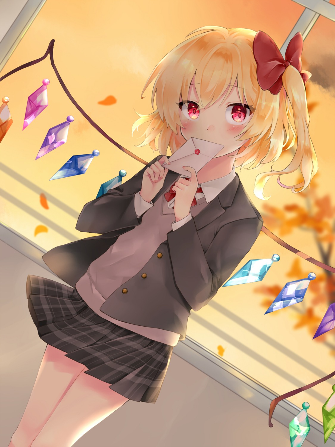 flandre_scarlet, seifuku, skirt_lift, sweater, touhou, wings, yurara_(aroma42enola)