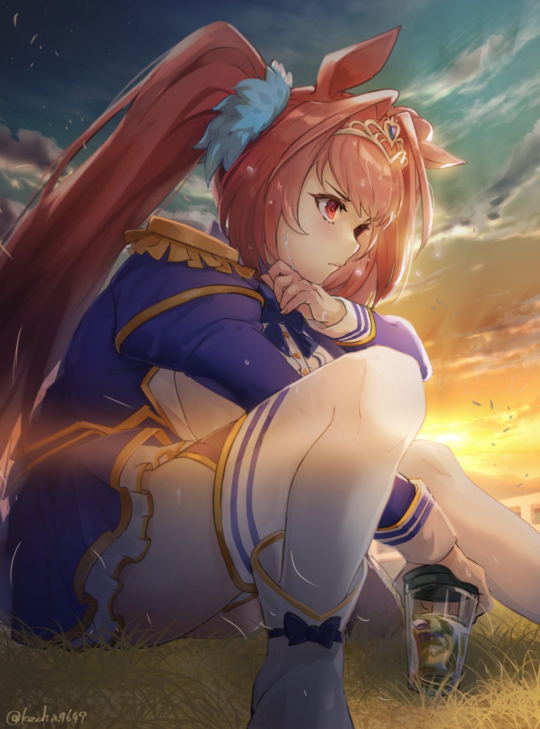 animal_ears, daiwa_scarlet_(umamusume), kachin, skirt_lift, stockings, thighhighs, uma_musume_pretty_derby, uniform