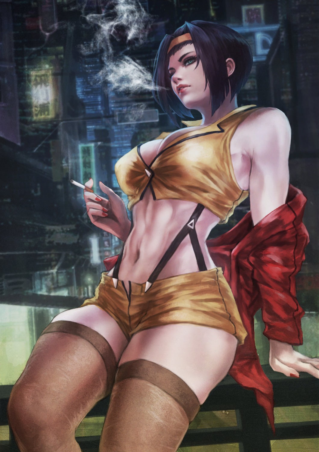 cleavage, cowboy_bebop, faye_valentine, monori_rogue, smoking, sweater, thighhighs