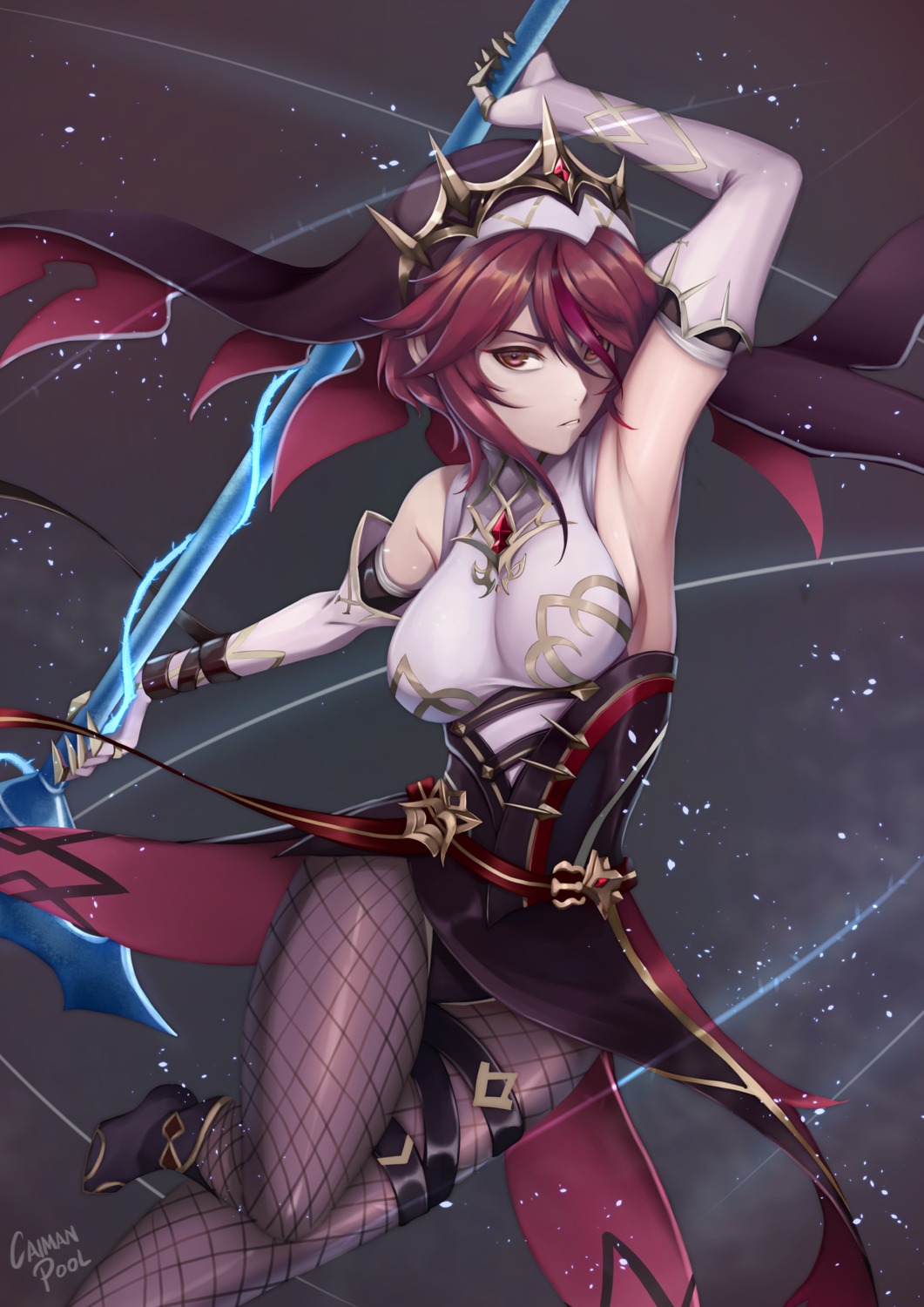 caiman-pool, fishnets, garter, genshin_impact, leotard, no_bra, nun, pantyhose, rosaria, skirt_lift, weapon