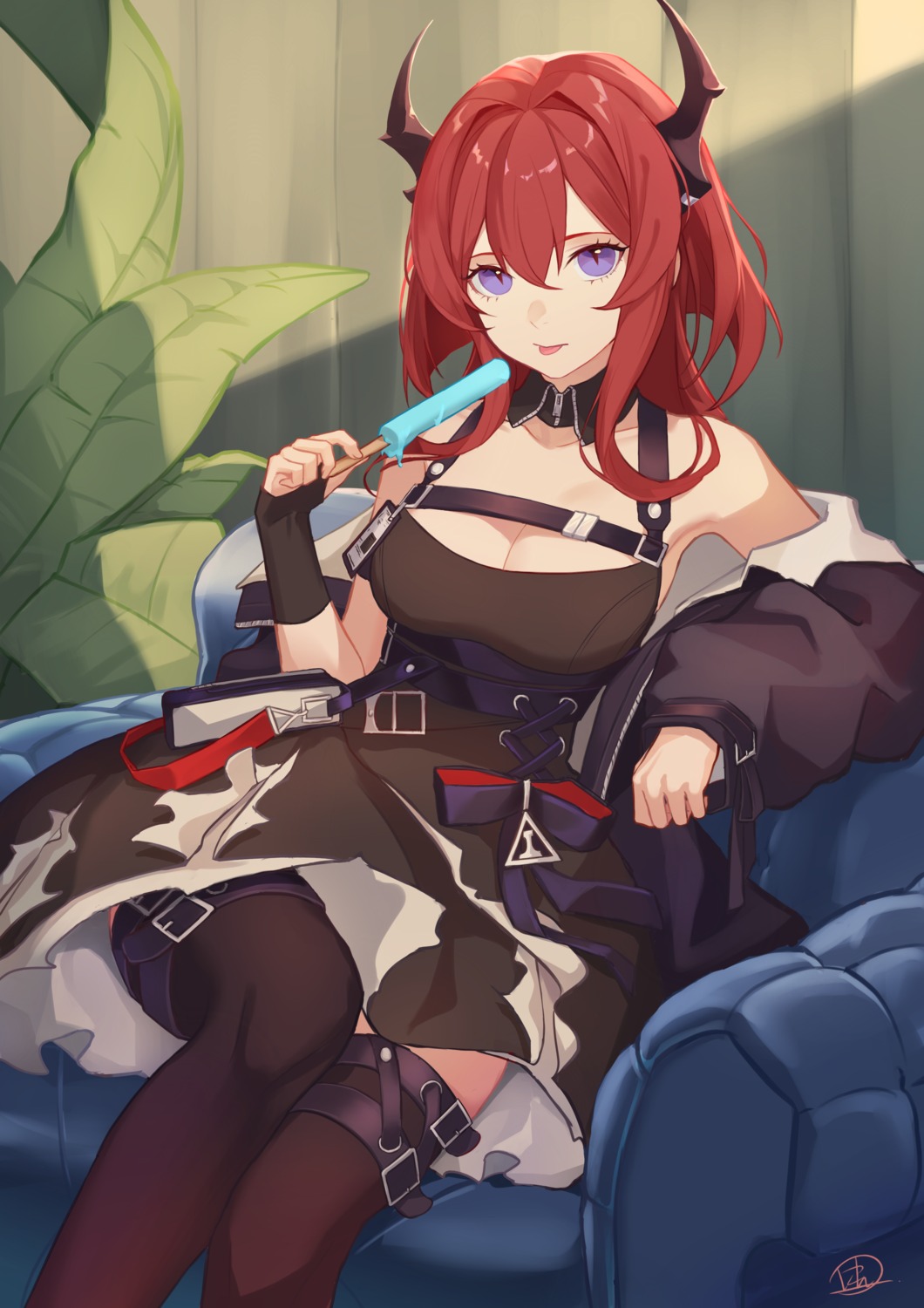 after3310, arknights, cleavage, garter, horns, skirt_lift, surtr_(arknights), thighhighs
