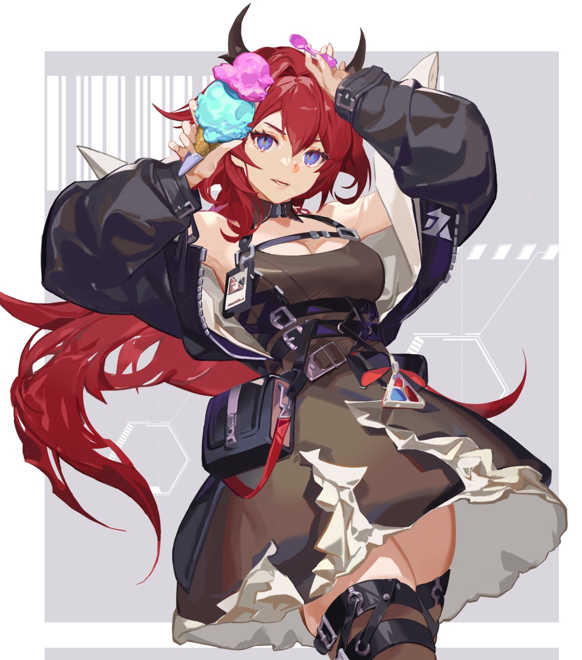 arknights, cleavage, dress, garter, horns, pyararara, skirt_lift, surtr_(arknights), thighhighs