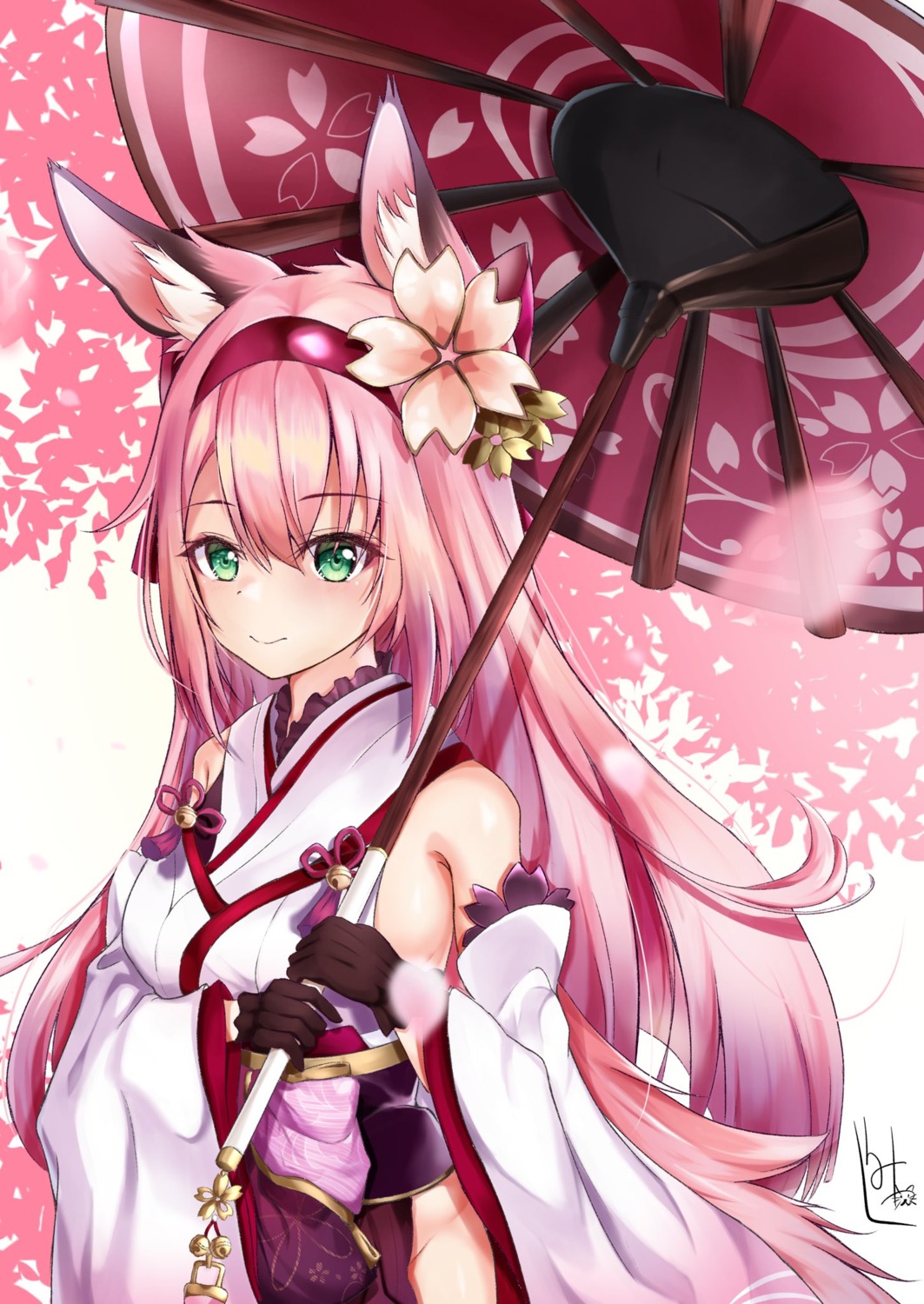 animal_ears, azur_lane, hanazuki_(azur_lane), japanese_clothes, no_bra, ramyalart, umbrella