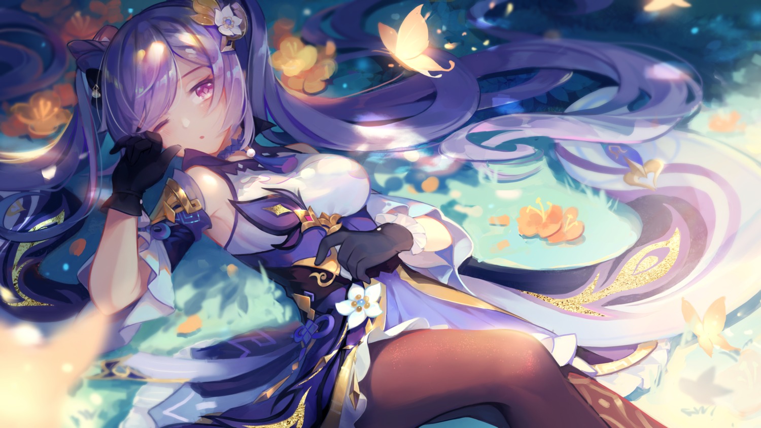 akihara_nozomi, asian_clothes, genshin_impact, keqing, pantyhose, skirt_lift