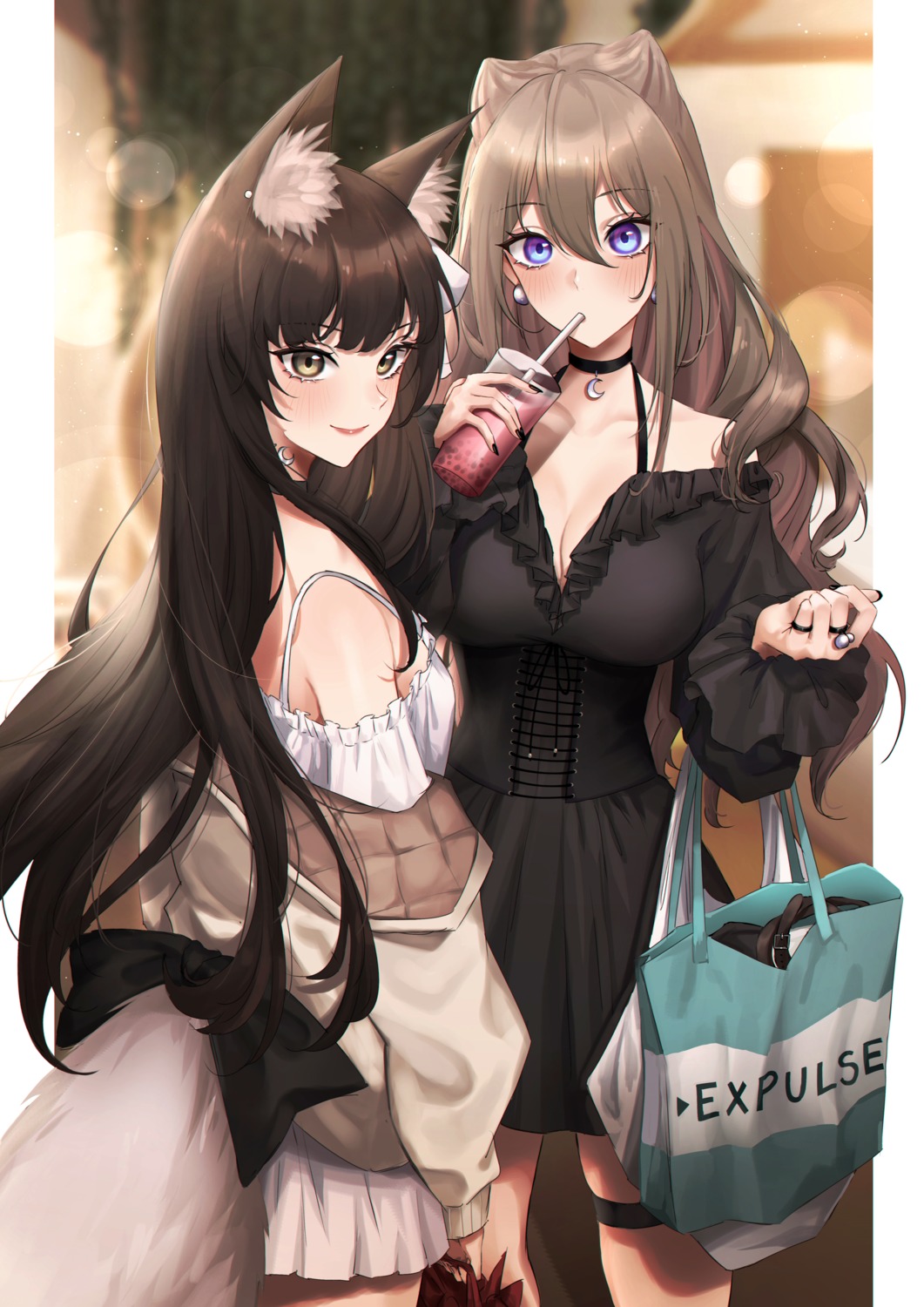 animal_ears, cleavage, dress, expulse, garter, sweater, tail