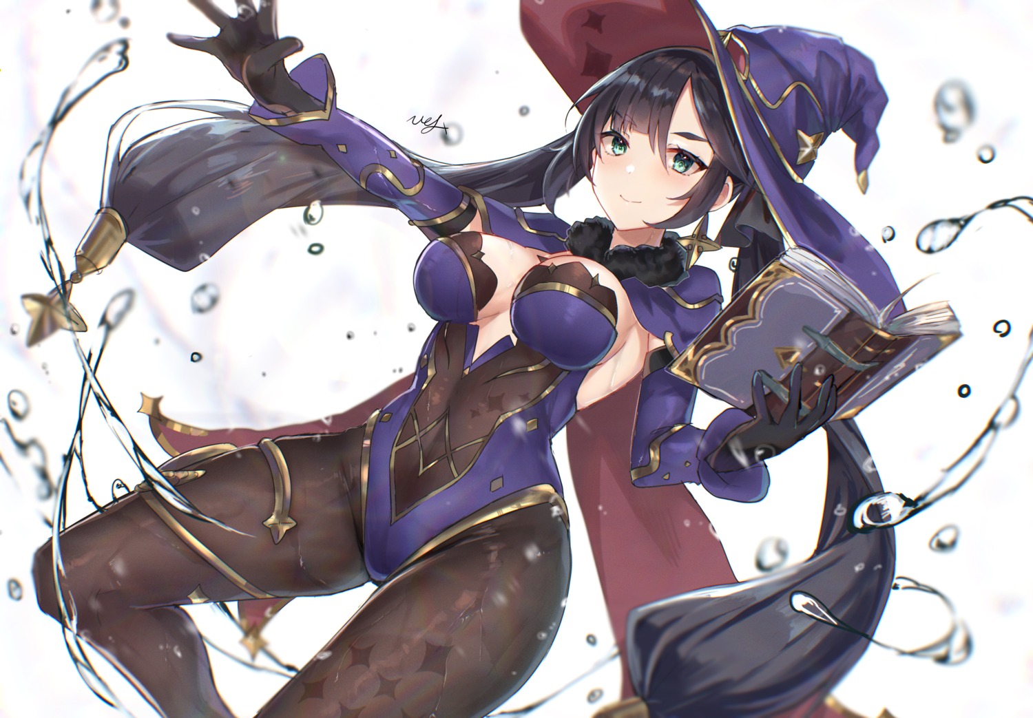 cleavage, garter, genshin_impact, hitomin_(ksws7544), leotard, mona_megistus, no_bra, pantyhose