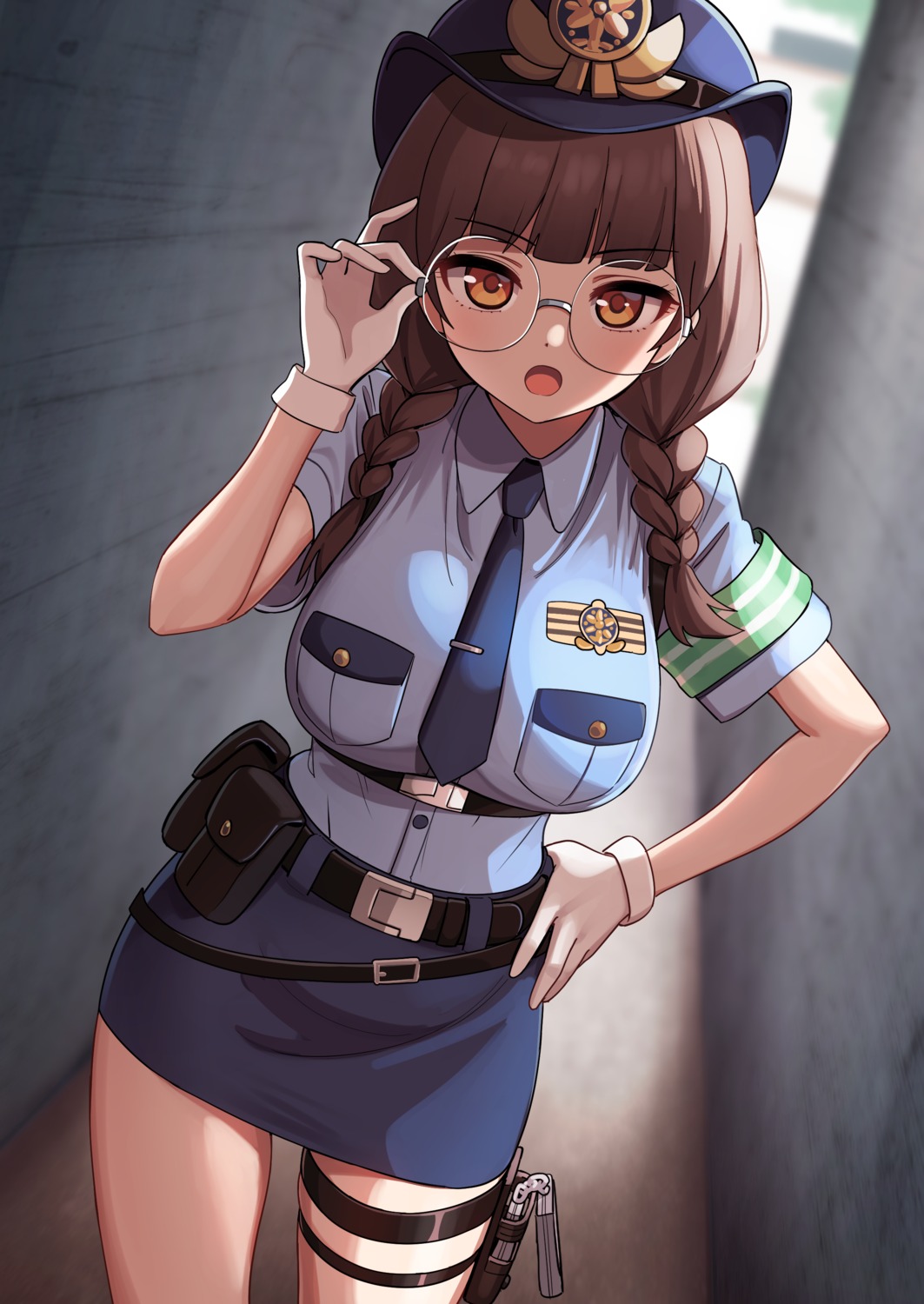 aya_(black_survival), black_survival, deadnooodles, garter, megane, police_uniform, suzuki_aya