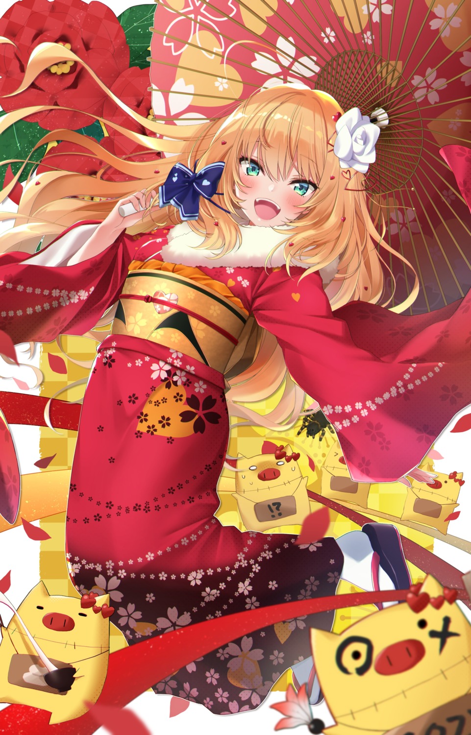 akai_haato, hololive, kimono, makinan, umbrella
