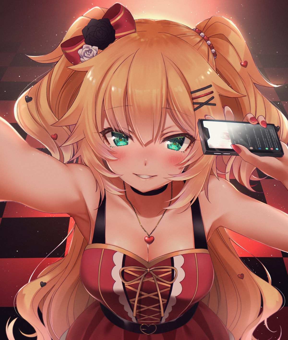 akai_haato, cleavage, dress, hololive, makinan, selfie