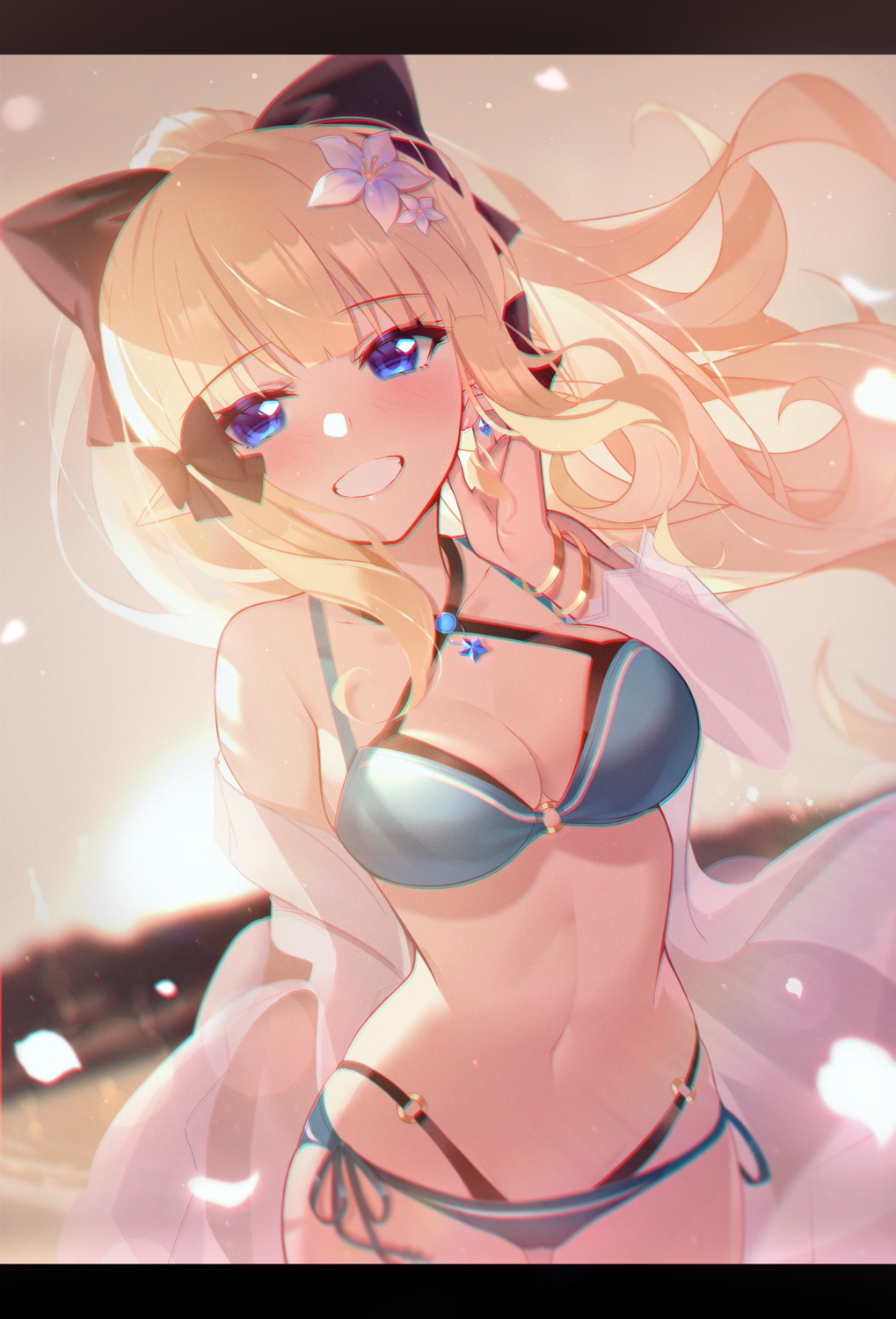 bikini, black_fire, cleavage, open_shirt, pointy_ears, princess_connect!, princess_connect!_re:dive, sasaki_saren, swimsuits