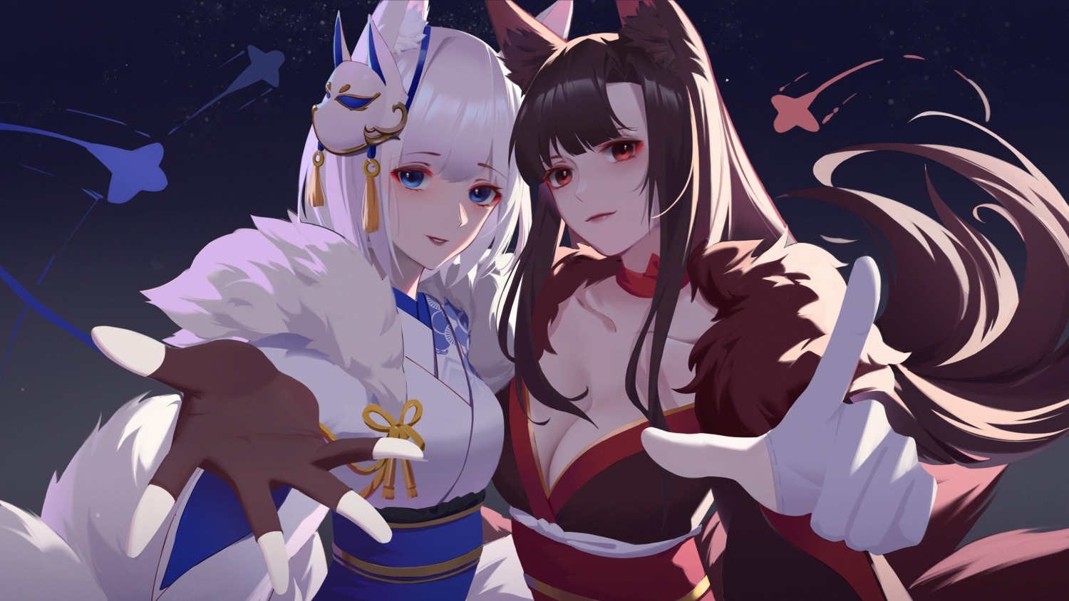 akagi_(azur_lane), animal_ears, azur_lane, cleavage, japanese_clothes, kaga_(azur_lane), kan_bu_jian_de_feng, kitsune, no_bra, open_shirt, tail