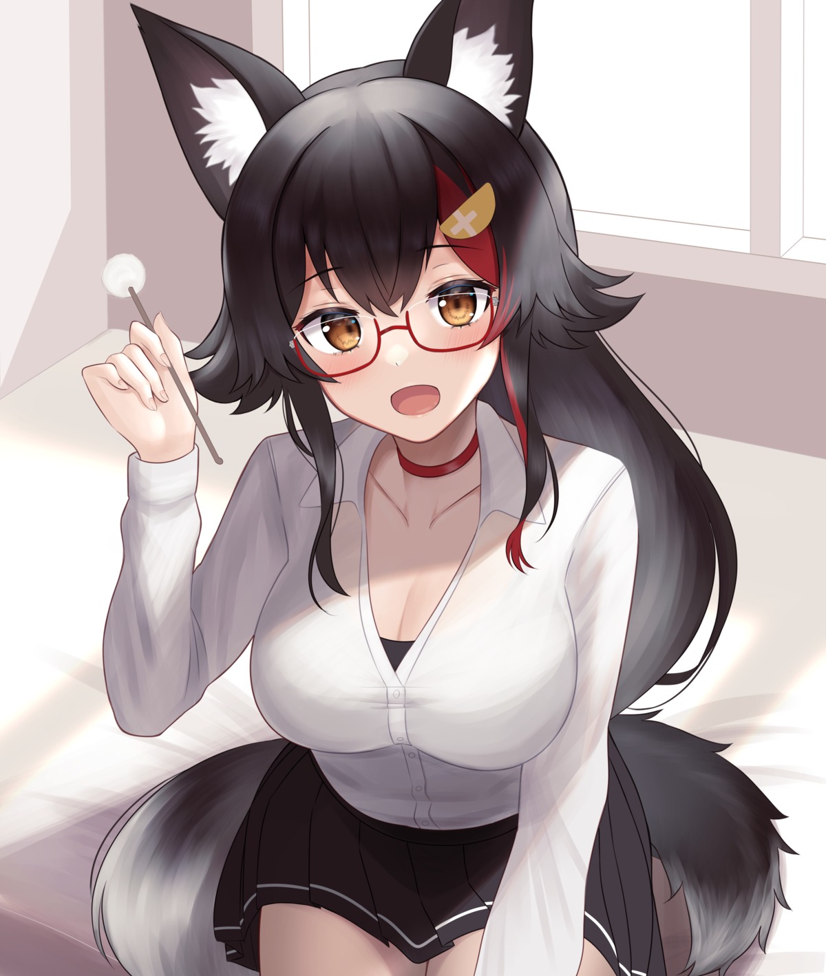 animal_ears, cleavage, hololive, hololive_gamers, kachikachipiroo, megane, ookami_mio, seifuku, tail
