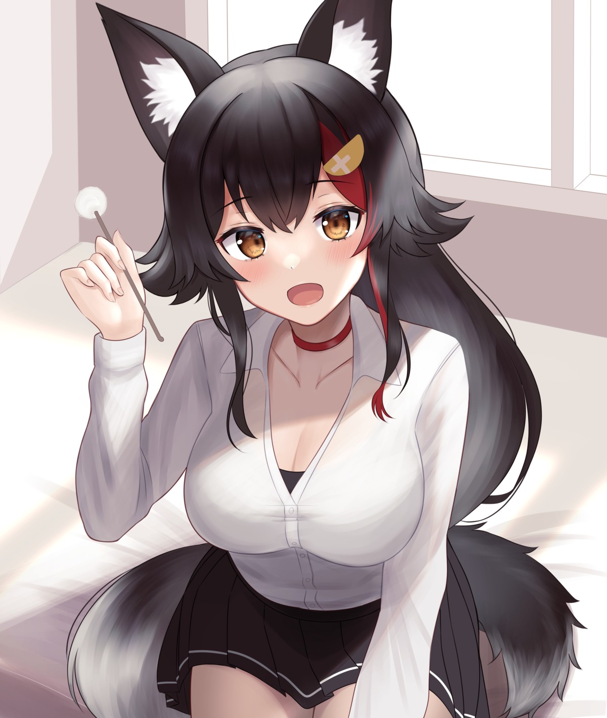 animal_ears, cleavage, hololive, hololive_gamers, kachikachipiroo, megane, ookami_mio, seifuku, tail