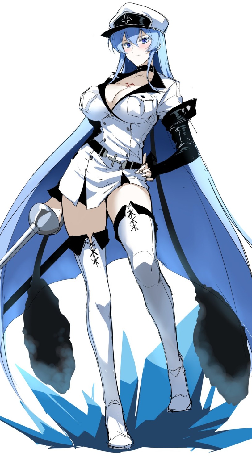 akame_ga_kill!, cleavage, esdeath, halcon, sketch, sword, tattoo, thighhighs