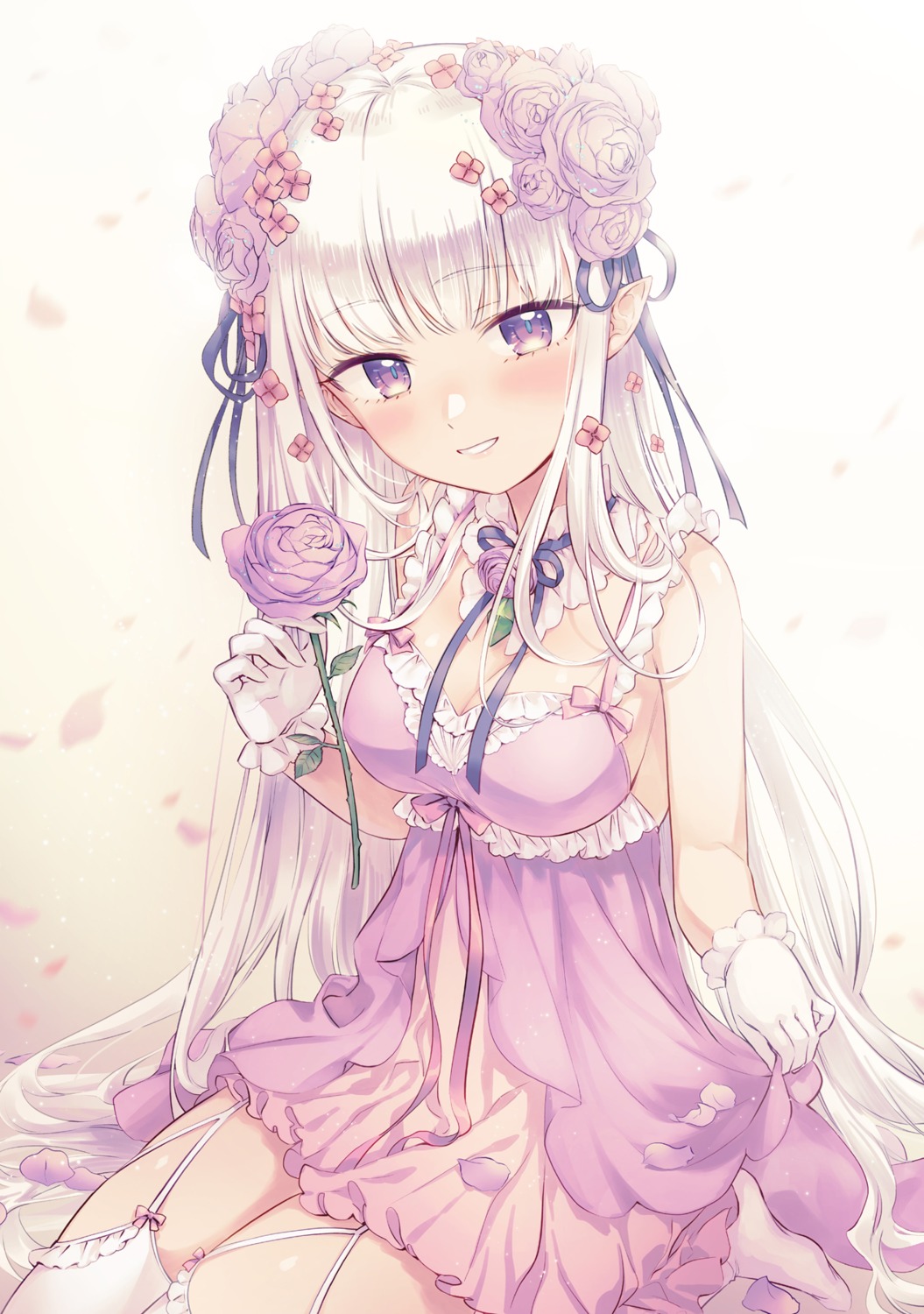 bliss_(ferment_factory), cleavage, dress, elf, emilia_(re_zero), no_bra, pointy_ears, re:zero_kara_hajimeru_isekai_seikatsu, skirt_lift, stockings, thighhighs
