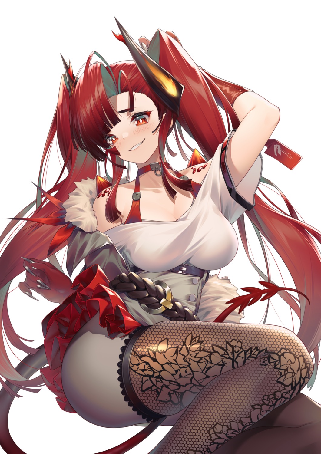 arknights, cleavage, fishnets, horns, jiusan_naitan, no_bra, pantyhose, skirt_lift, tail, thighhighs, toddifons_(arknights)