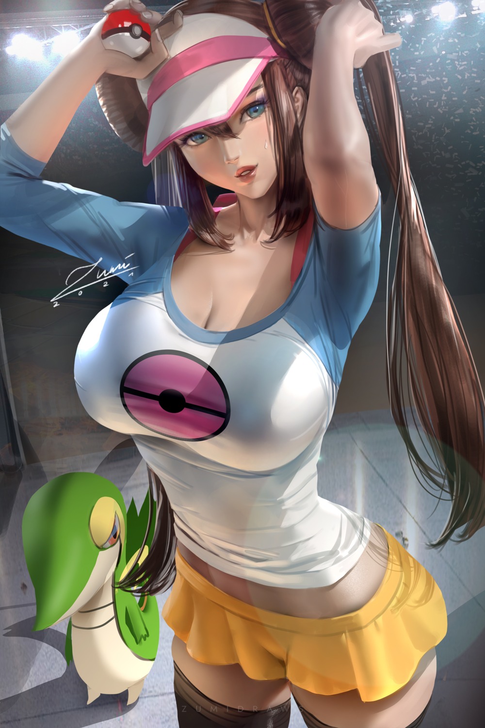 cleavage, mei_(pokemon), pokemon, pokemon_b2w2, snivy, thighhighs, zumi_(zumidraws)