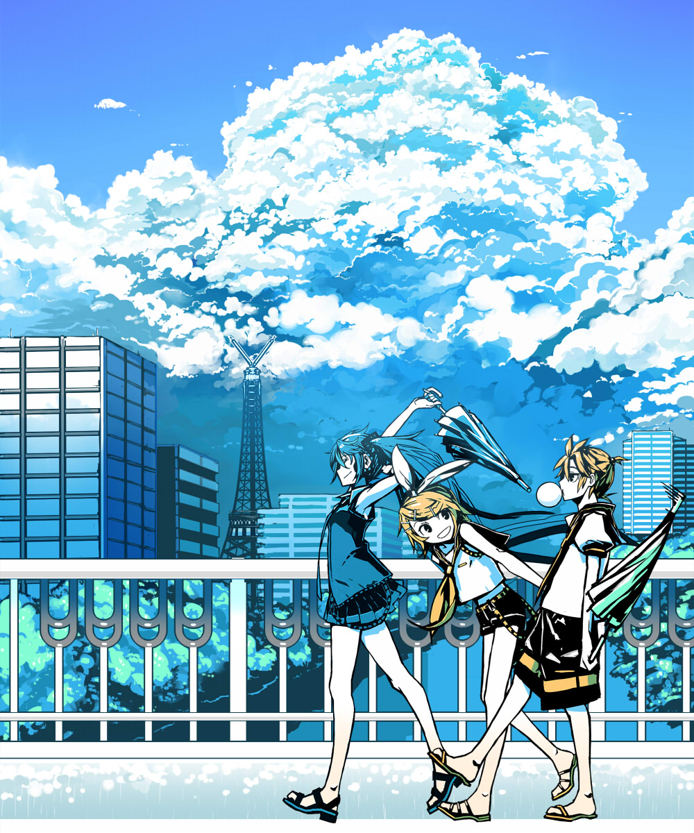hatsune_miku, kagamine_len, kagamine_rin, kawazu, seifuku, umbrella, vocaloid