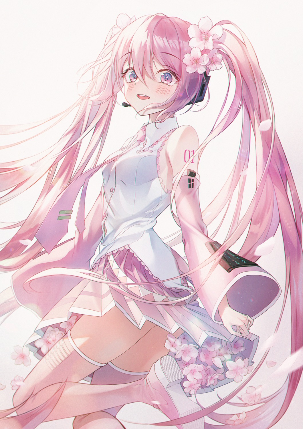 hatsune_miku, headphones, sakura_miku, skirt_lift, tattoo, tellmedor, thighhighs, vocaloid