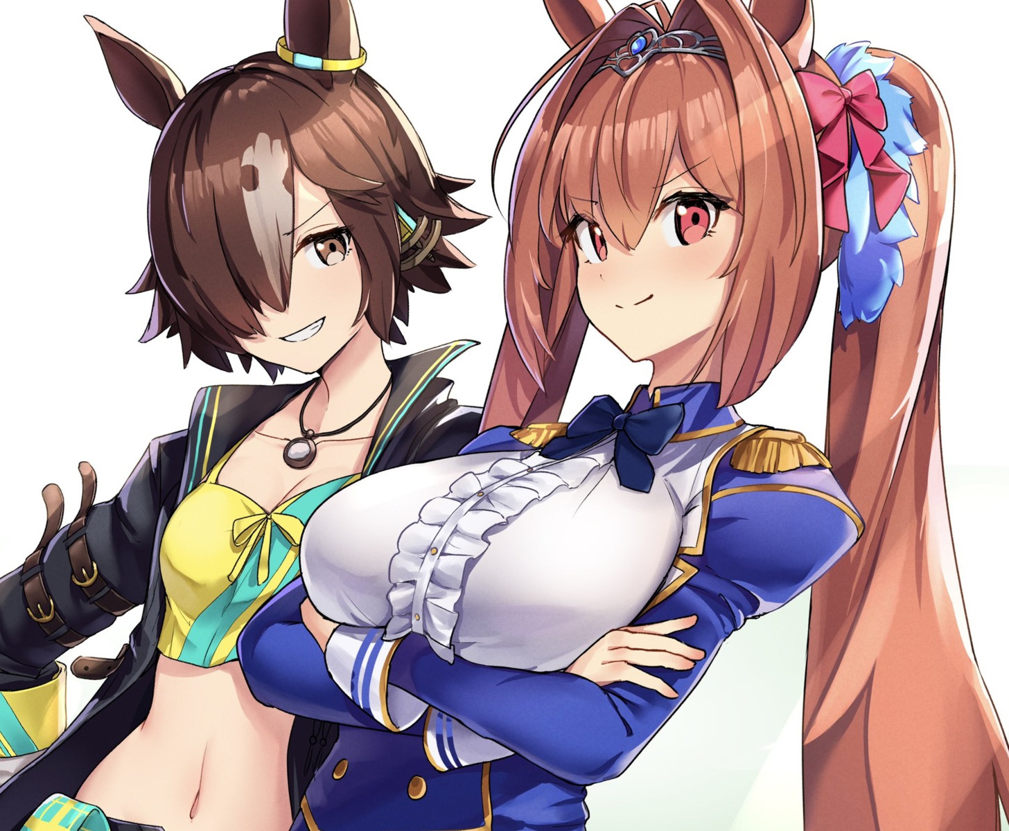 animal_ears, breast_hold, cleavage, daiwa_scarlet_(umamusume), gu_luco, uma_musume_pretty_derby, uniform, vodka_(umamusume)