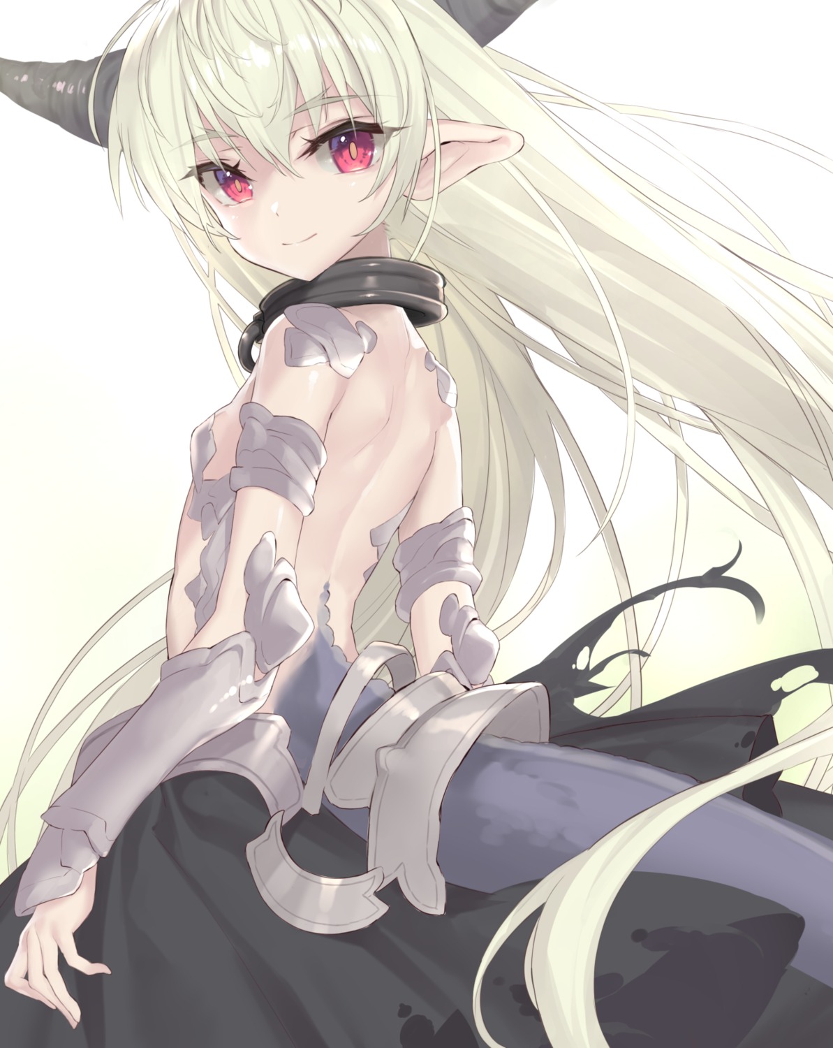 armor, horns, isekai_maou_to_shoukan_shoujo_no_dorei_majutsu, krebskrum, pointy_ears, skirt_lift, tail, topless