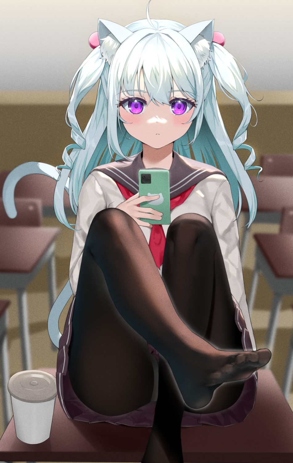 animal_ears, feet, nekomimi, pantsu, pantyhose, seifuku, skirt_lift, suzuharu_toufu