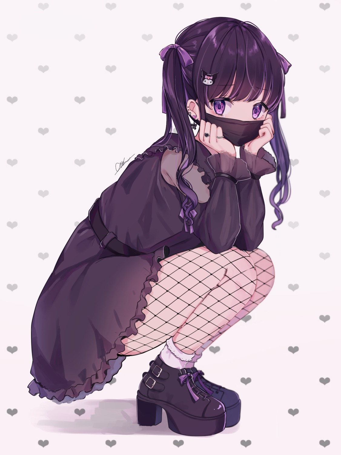 dress, fishnets, heels, kuromi_(sanrio), okiq, pantyhose, skirt_lift